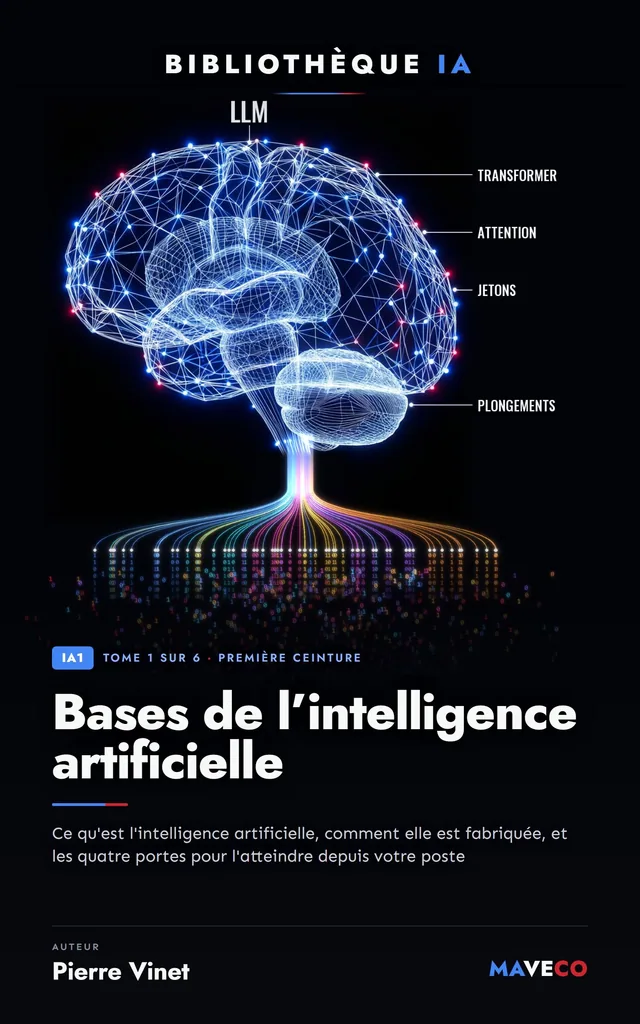 Couverture du livre « Bases de l'intelligence artificielle », tome 1 sur 6 de la Bibliothèque IA de Pierre Vinet, sur fond sombre avec la couleur d’accent indigo