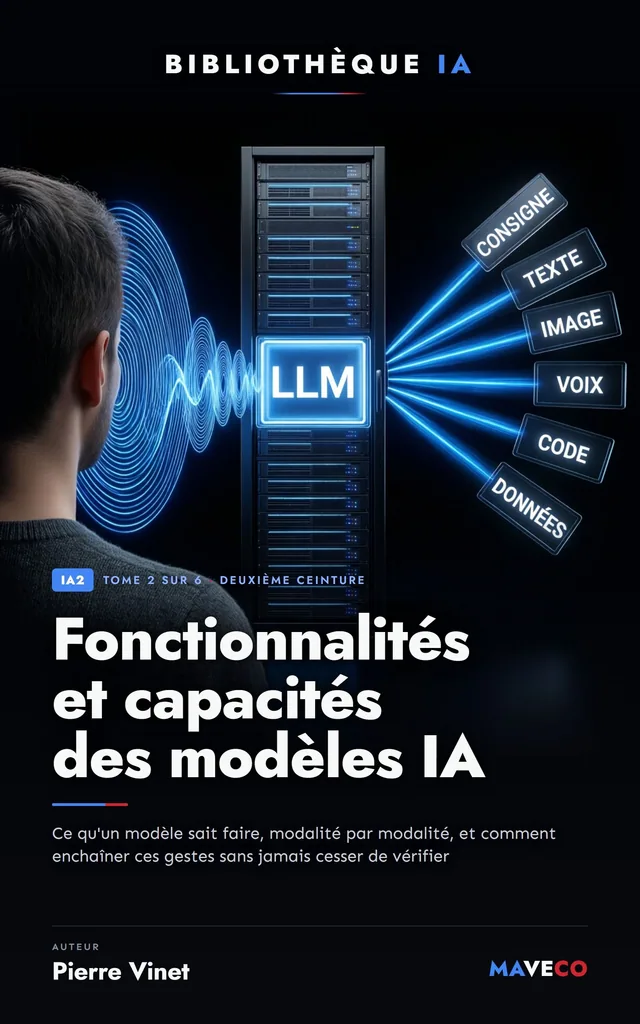 Couverture du livre « Fonctionnalités et capacités des modèles IA », tome 2 sur 6 de la Bibliothèque IA de Pierre Vinet, sur fond sombre avec la couleur d’accent orange