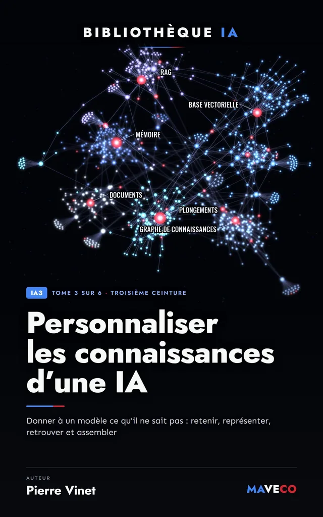 Couverture du livre « Personnaliser les connaissances d'une IA », tome 3 sur 6 de la Bibliothèque IA de Pierre Vinet, sur fond sombre avec la couleur d’accent sarcelle