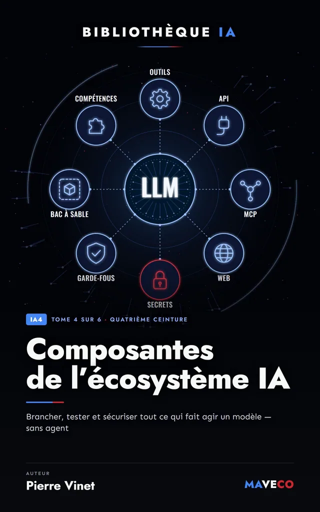 Couverture du livre « Composantes de l'écosystème IA », tome 4 sur 6 de la Bibliothèque IA de Pierre Vinet, sur fond sombre avec la couleur d’accent ambre