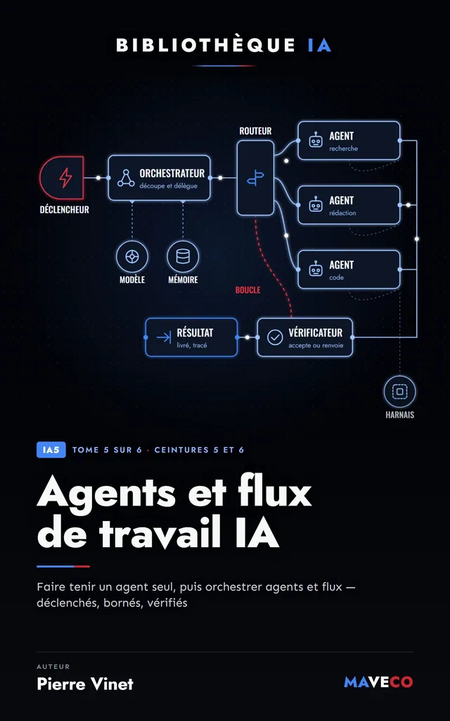 Couverture du livre « Agents et flux de travail IA », tome 5 sur 6 de la Bibliothèque IA de Pierre Vinet, sur fond sombre avec la couleur d’accent violet