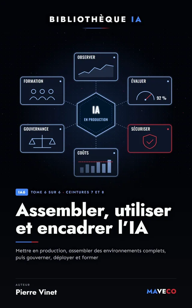 Couverture du livre « Assembler, utiliser et encadrer l'IA », tome 6 sur 6 de la Bibliothèque IA de Pierre Vinet, sur fond sombre avec la couleur d’accent bleu ciel